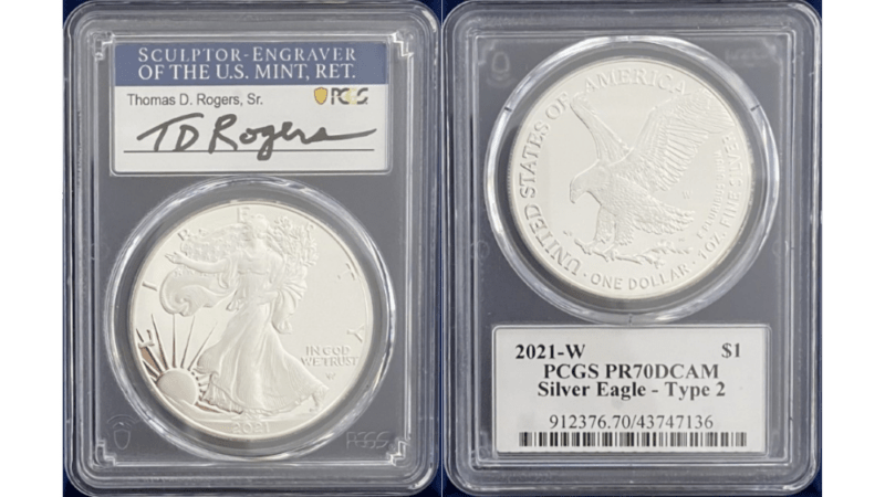 【トーマス・D・ロジャーズ サイン入り】アメリカ 1ドル Type2シルバーイーグル銀貨 2021-W年 PCGS-PR70 DCAM