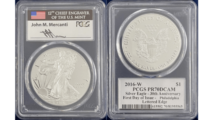 【ジョン・マーカンティ サイン入り】アメリカ 1ドル シルバーイーグル銀貨 2016-W年 PCGS-PR70 DCAM　ファーストデイ・オブ・イシュー  81955565