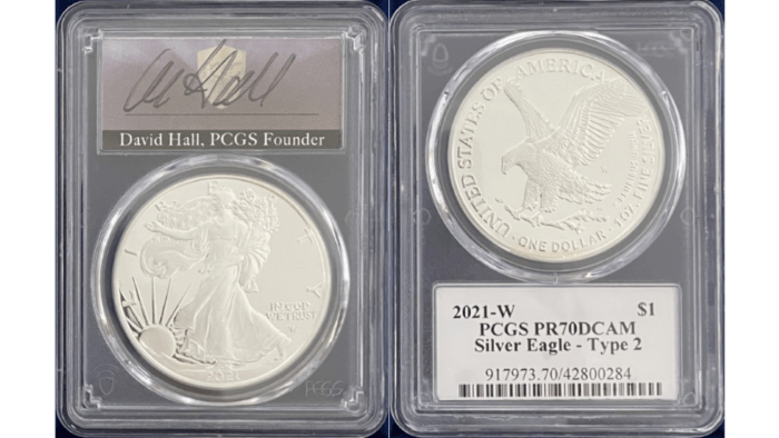 【デビッドホール サイン入り】アメリカ 1ドル Type2シルバーイーグル銀貨 2021-W年 PCGS-PR70 DCAM