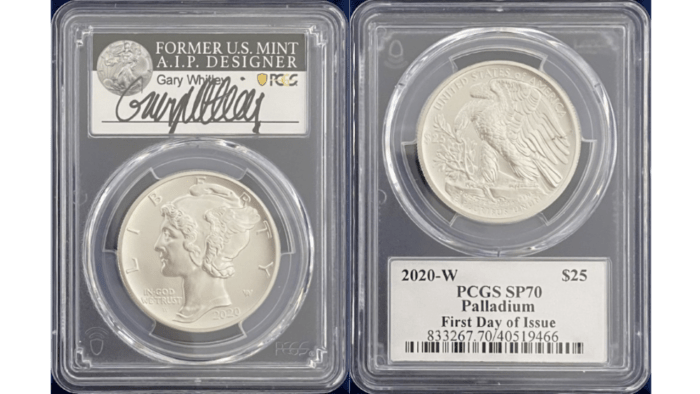 【ゲイリー・ホイットリー サイン入り】アメリカ 25ドル パラジウムイーグル 2020-W年 PCGS-SP70 ファーストデイオブイシュー