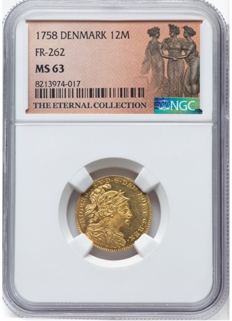 【The Eternal Collection】デンマーク 1758-VH年 フレデリク5世 12マルク金貨 NGC-MS63