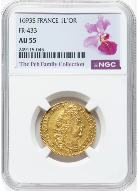 【レア度4-R4】フランス 1693-S年 ルイ14世 1ルイドール 第1次改鋳(改鋳フラン) NGC-AU55 The Peh Family Collection