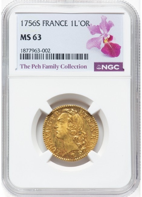 【レア度2-R2】フランス 1756-S年 ルイ15世 1ルイドール金貨 NGC-MS63 The Peh Family Collection