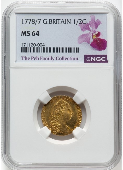 【レア度3-R3】グレートブリテン 1778/7年 ジョージ3世 1/2ギニー金貨 NGC-MS64 The Peh Family Collection