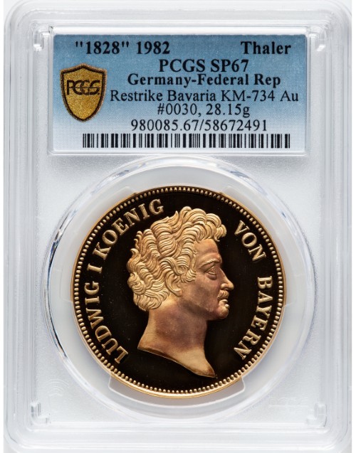 アンティークコイン ドイツ バイエルン王国 1828年銘・1982年製造 ルートヴィヒ1世 金製スペシメン・リストライク・ターラー PCGS-SP67
