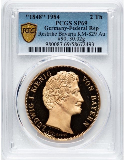 アンティークコイン ドイツ バイエルン王国 ルートヴィヒ1世 1848年退位記念2ターラー金製メダル (1984年再鋳) PCGS-SP69