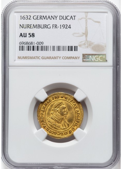 アンティークコイン ドイツ 自由都市ニュルンベルク 1632年 グスタフ2世アドルフ 1ダカット金貨 NGC-AU58