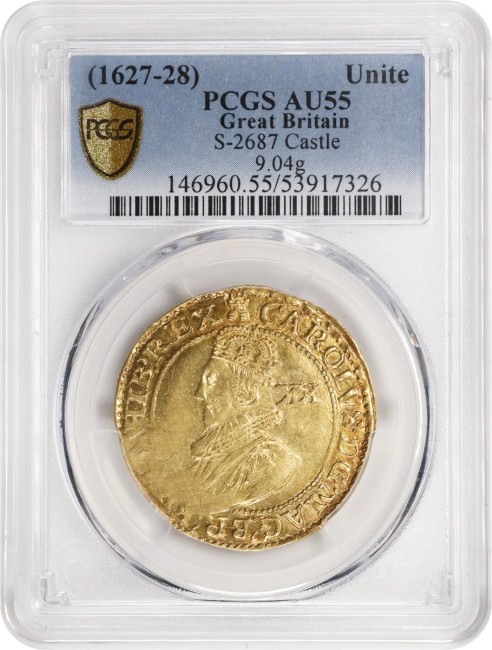 グレートブリテン 1627-28年 チャールズ1世 ゴールド・ユナイト金貨 PCGS-AU55