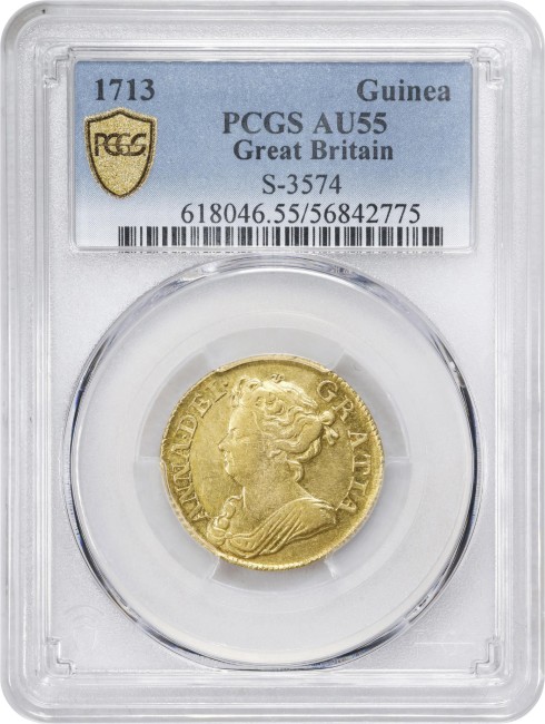 アンティークコイン グレートブリテン 1713年 アン女王 1ギニー金貨 PCGS-AU55