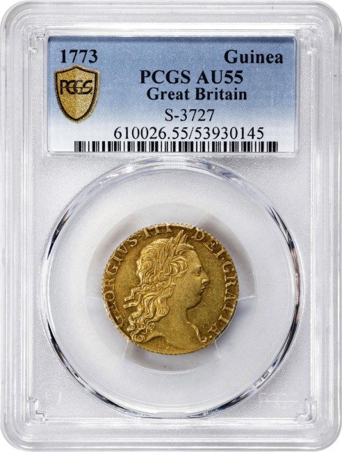 【John P. Burnham Collection】アンティークコイン グレートブリテン 1773年 ジョージ3世 1ギニー金貨 PCGS-AU55