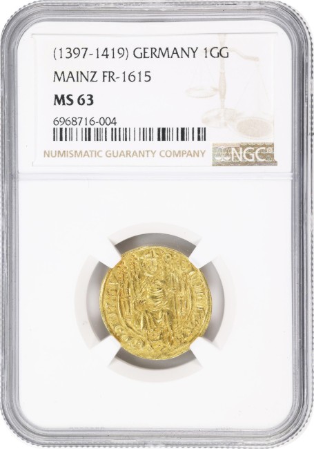 アンティークコイン 神聖ローマ帝国 1397-1419年 マインツ大司教区ヨハン2世・フォン・ナッサウ グルデン金貨 NGC-MS63