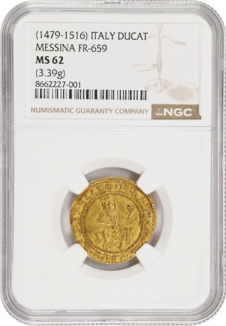 【レア度2 R2】アンティークコイン イタリア シチリア王国 メッシーナ 1479-1516年 カトリック王フェルナンド2世 1ダカット金貨 NGC-MS62