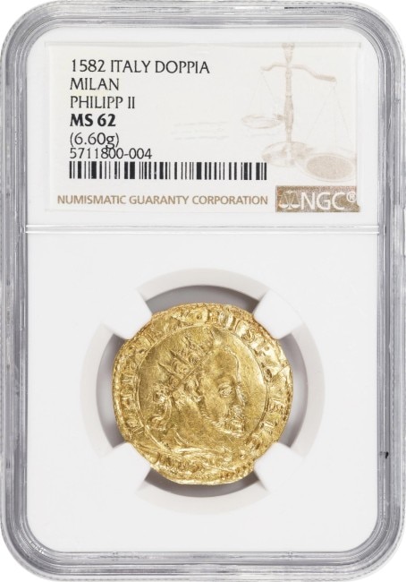 【レア度1 R1】アンティークコイン イタリア ミラノ公国 1582年 フェリペ2世 1ドッピア金貨 NGC-MS62