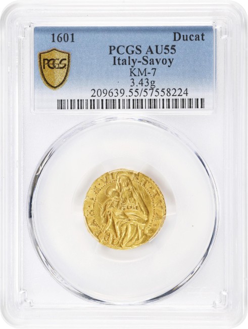 【レア度2 R2】アンティークコイン イタリア サヴォイア公国 1601年 カルロ・エマヌエーレ1世 1ダカット金貨 PCGS-AU55