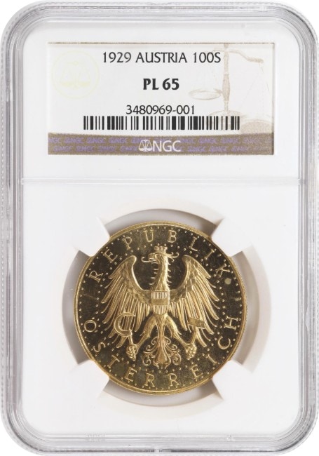 アンティークコイン オーストリア第一共和国 1929年 100シリング金貨 NGC-PL65