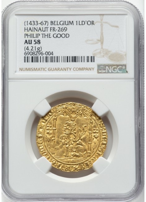 アンティークコイン ベルギー ブルゴーニュ公国 1433-67年 エノー伯領フィリップ3世 1ライオン・ドール金貨 NGC-AU58