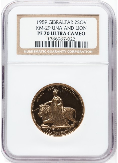 イギリス領ジブラルタル 1989年 ウナとライオン 2ポンド（2ソブリン）金貨 NGC-PF70 UCAM
