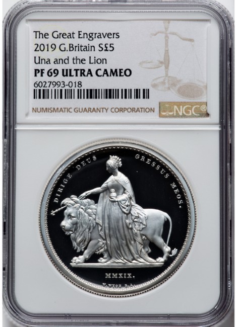 【The Great Engravers】グレートブリテン 2019年 エリザベス2世 ウナとライオン 5ポンド（5ソブリン）銀貨 NGC-PF69 UCAM