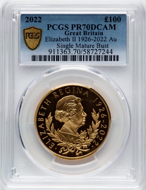 グレートブリテン 2022年 チャールズ3世 エリザベス2世追悼 1オンス 100ポンド金貨 PCGS-PR70 DCAM