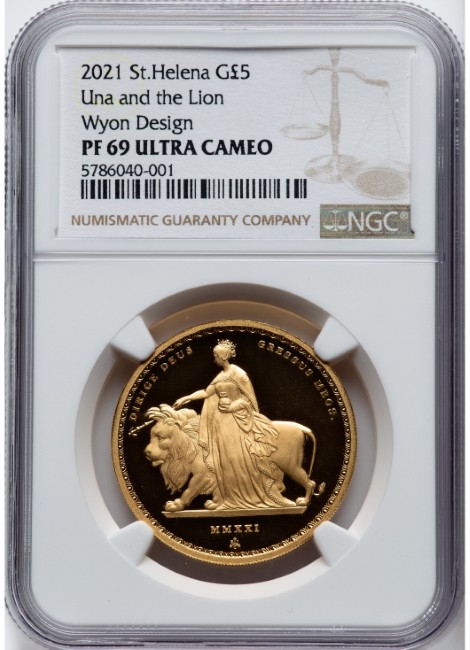 イギリス属領セントヘレナ 2021年 エリザベス2世 ウナとライオン 5ポンド金貨 NGC-PF69 UCAM