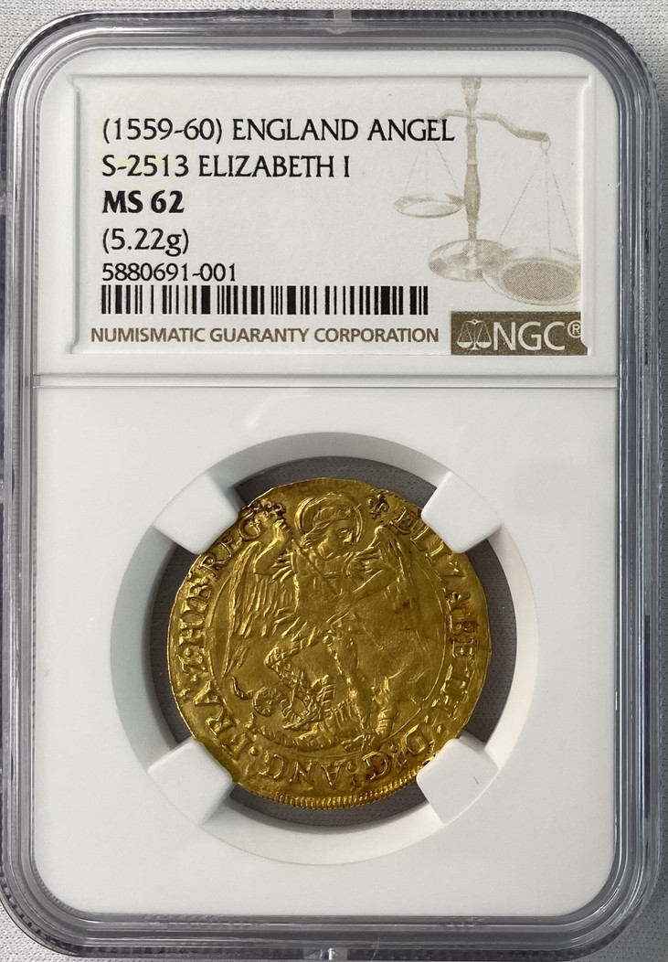 【動画あり】グレートブリテン エリザベス１世(1587-1589)エンジェル金貨 NGC-MS62