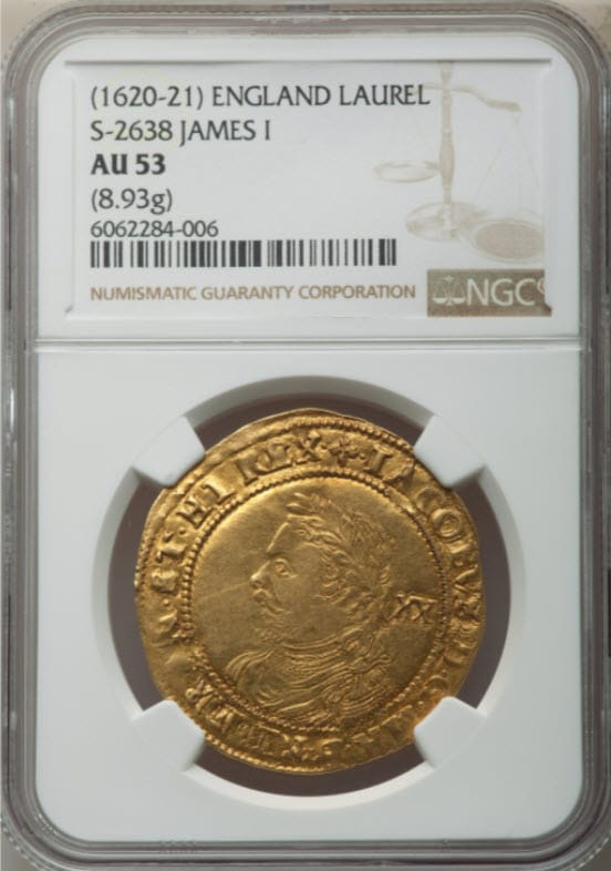 アンティークコイン グレートブリテン ジェームズ1世 ゴールドローレルND (1620-21) NGC-AU53