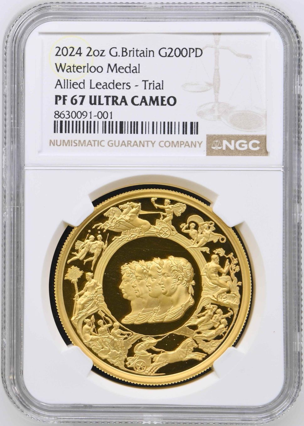 【トライアル・ピース】【The Great Engravers Collection】グレートブリテン 2024年 チャールズ三世 ウォータールー(ワーテルロー)メダル Allied Leaders 2オンス 200ポンド プルーフ金貨NGC-PF67UCAM