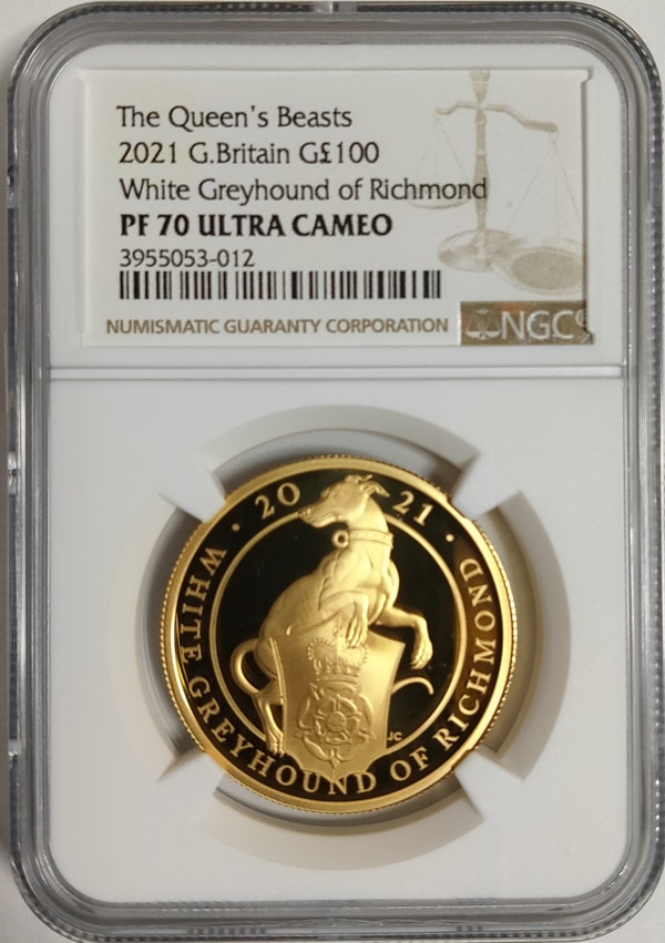 【動画あり】グレートブリテン2021年クイーンズビースト リッチモンドのホワイトグレーハウンド 100ポンド金貨NGC-PF70UCAM