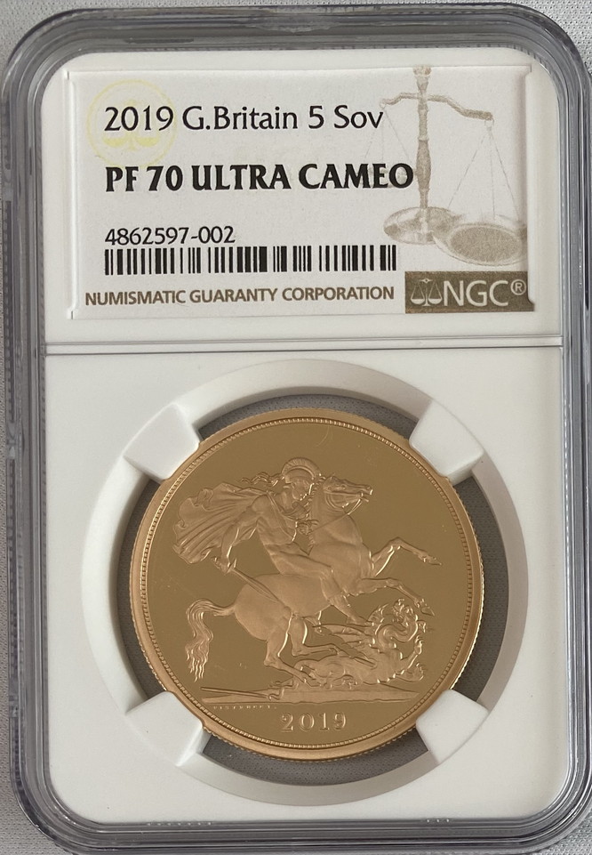 【動画あり】グレートブリテン2019年エリザベスII世5ポンドプルーフ金貨NGC-PF70UCAM