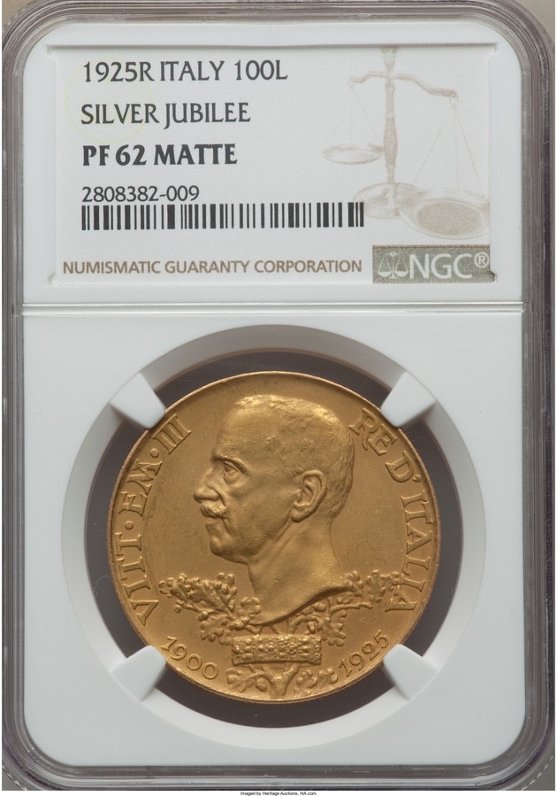 【動画あり】イタリア ヴィットリオエマヌエレ3世　100リレ　プルーフ金貨　1925年NGC　PF62MATTE