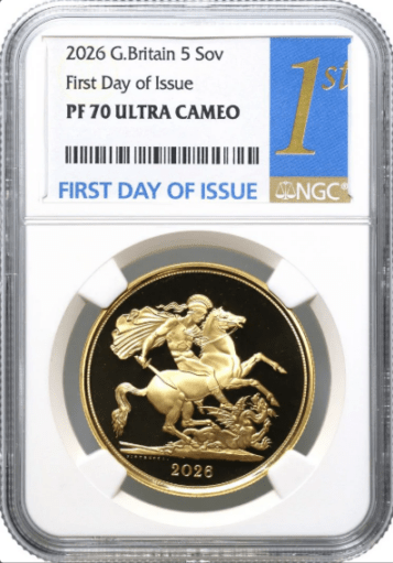【ファーストデイオブイシュー】グレートブリテン 2026年 チャールズ三世 5ポンド プルーフ金貨 NGC-PF70