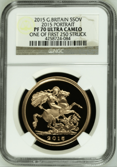 【one of first 250 struck】グレートブリテン 2015年 エリザベスII世 5ポンドプルーフ金貨 ポートレート NGC-PF70 UCAM