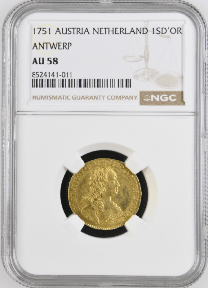 アンティークコイン 1751年 オーストリア領ネーデルラント・アントワープ マリアテレジア 1スヴラン金貨 NGC-AU58