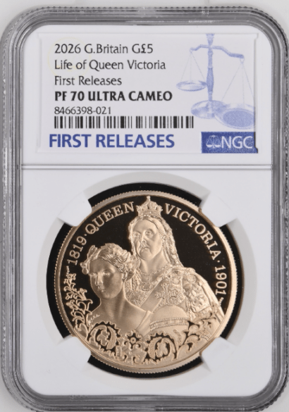 【First Releases】グレートブリテン 2026年 ヴィクトリア女王の生涯 5ポンド プルーフ金貨 NGC-PF70 UCAM箱付き