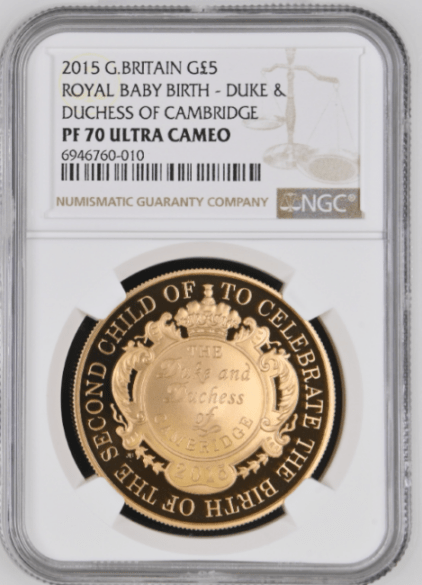 グレートブリテン 2015年 イギリス王室ロイヤルベビー誕生記念 5ポンド プルーフ金貨 NGC-PF70 UCAM箱付き