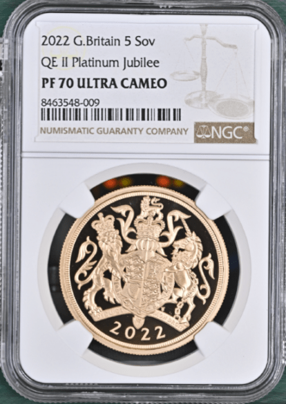グレートブリテン 2022年 プラチナ・ジュビリー 5ポンド プルーフ金貨 NGC-PF70 UCAM