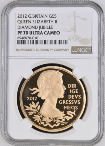 グレートブリテン 2012年 エリザベス2世即位60周年 ダイヤモンド・ジュビリー 5ポンド プルーフ金貨 NGC-PF70 UCAM箱付き