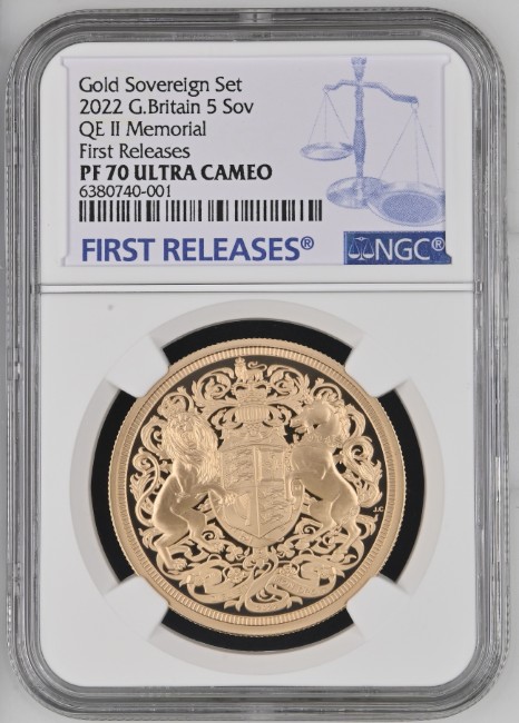 【ファーストリリース】グレートブリテン 2022年 エリザベス2世追悼 5ソブリン プルーフ金貨 NGC-PF70 UCAM