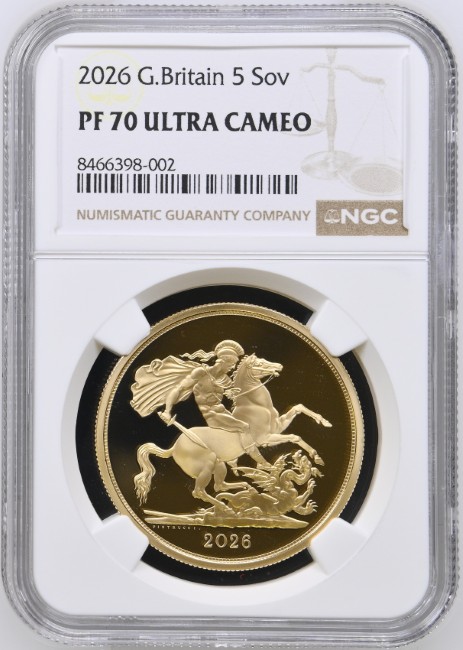 グレートブリテン 2026年 チャールズ三世 5ポンド プルーフ金貨 NGC-PF70