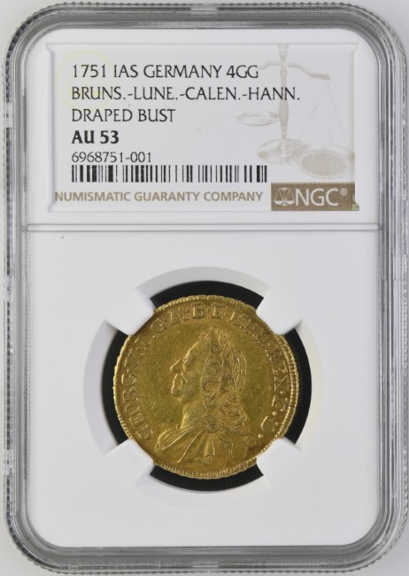 ドイツ 1751年イギリス王兼ハノーファー選帝侯ジョージ2世 4ゴールドグルデン金貨 NGC-AU53