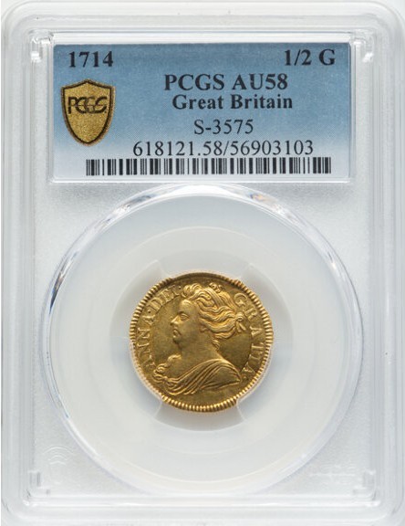 アンティークコイン グレートブリテン 1714年 アン女王 1/2ギニー金貨 PCGS-AU58