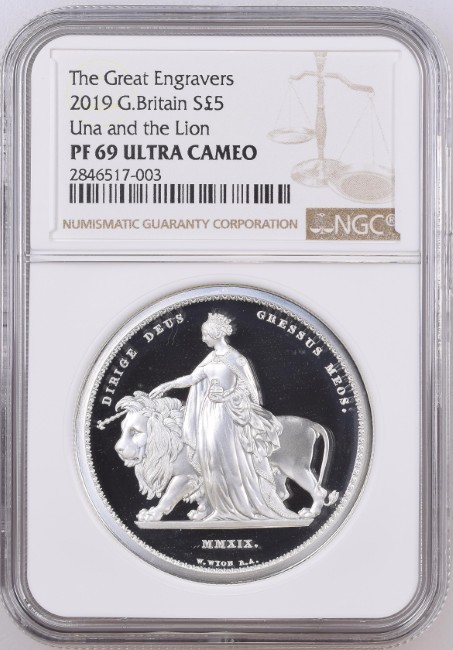 【The Great Engravers】グレートブリテン 2019年 エリザベス2世 ウナとライオン 5ポンド(5ソブリン)銀貨 NGC-PF69 UCAM