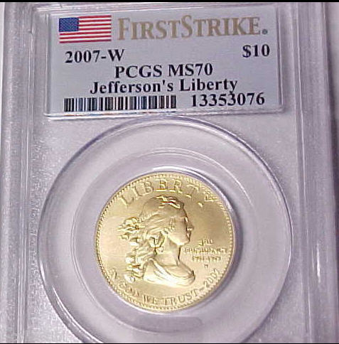 【動画あり】2007-W10ドル金貨ジェファーソン・リバティ＄10-PCGS-MS70(First Strike)