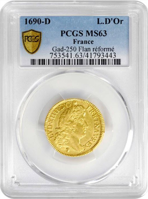 【レア度1-R1】フランス1690-D年ルイ14世1ルイドール金貨PCGS-MS63
