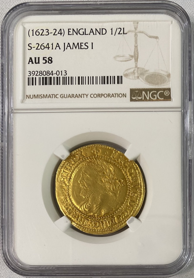 グレートブリテン・ジェームズ1世 ゴールドハーフローレル ND (1623-24)NGC-AU58