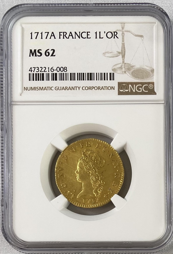 【動画あり】【レア度2-R2】フランス 1717-A年 ルイ15世 ルイドール金貨 NGC-MS62