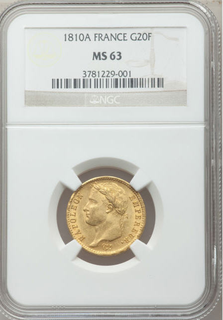 フランス金貨プレミアエンペラー　ナポレオン1810年20フランMS63 NGC