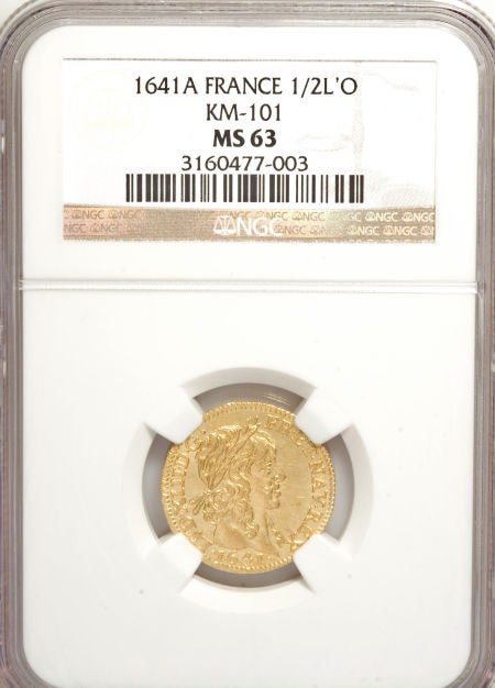 フランス　1/2ルイス　Louis XIII gold 1/2 Louis d'Or 1641-A　MS63　NGC