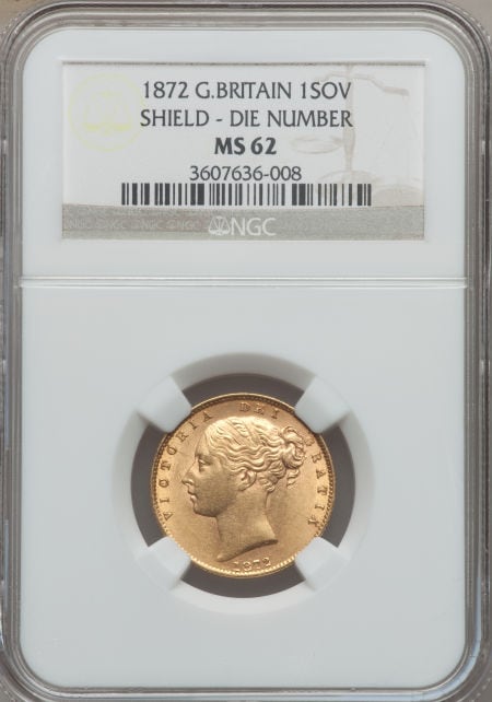 【動画あり】グレートブリテン　ソブリン金貨Great Britain: Victoria gold Shield Sovereign 1872　NGC　MS62