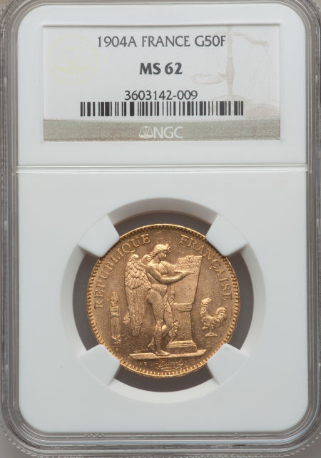 フランス　50フラン金貨　France: Republic gold 50 Francs 1904-A, KM831, MS62 NGC